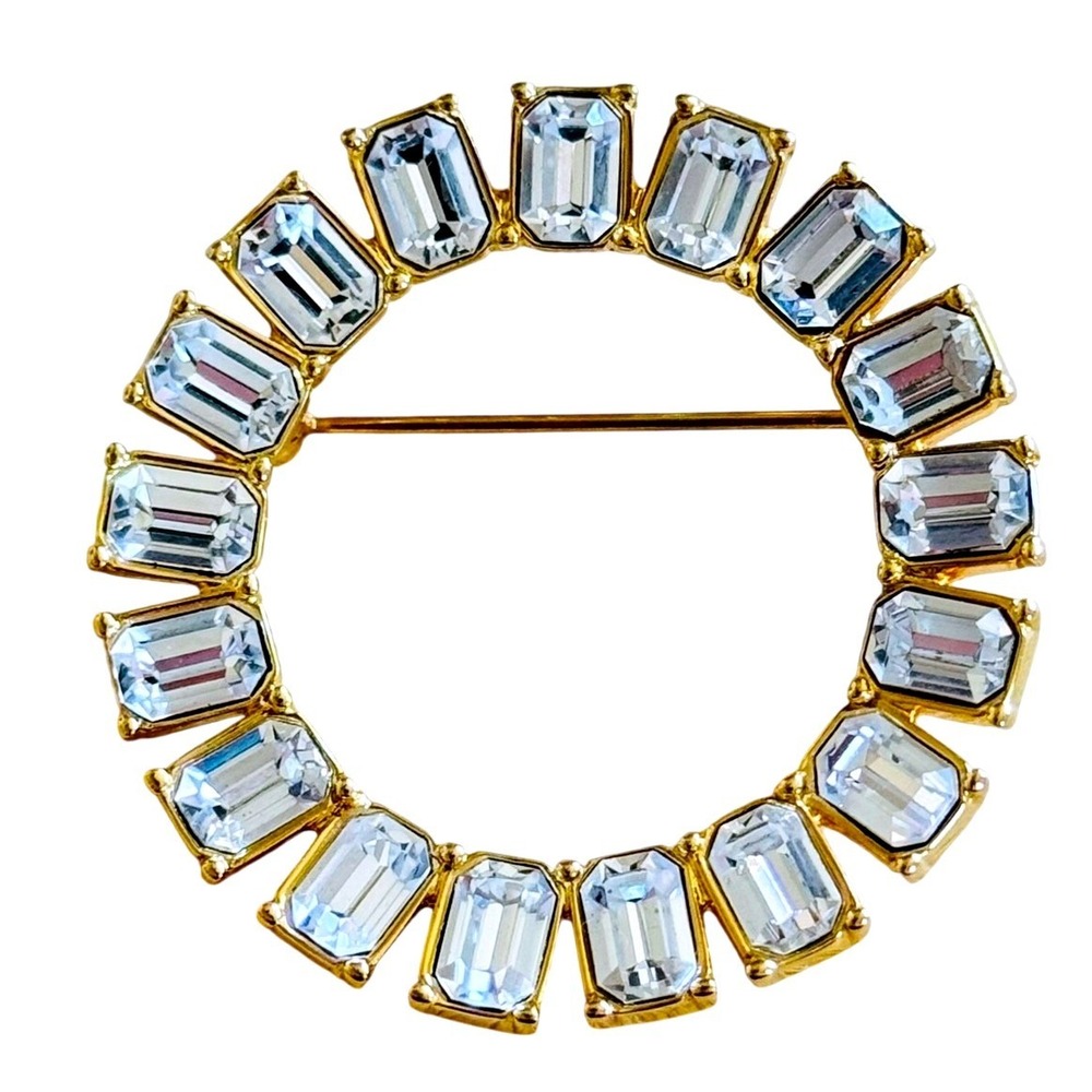 VTG Monet Baguette Crystal Brooch Rhinestone gold tone Art deco circle style 90s
